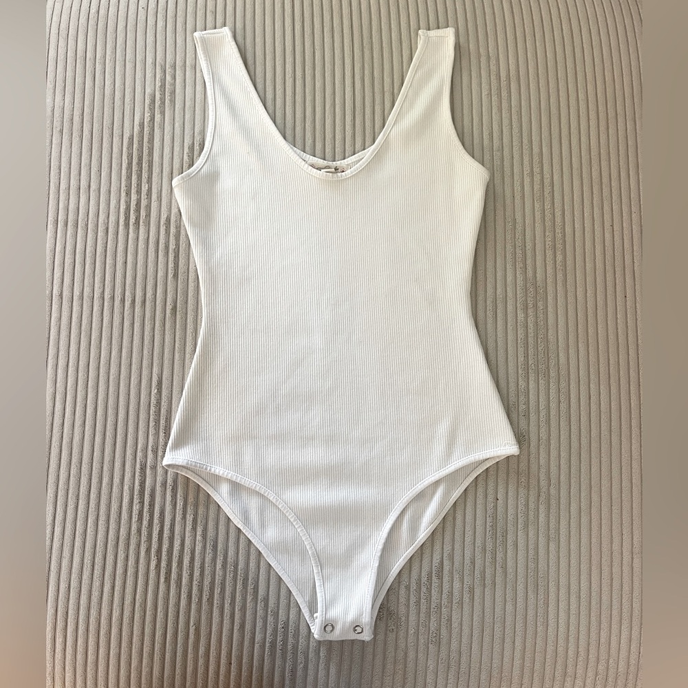 White Scoop Neck Ribbed Bodysuit with High-Cut Leg